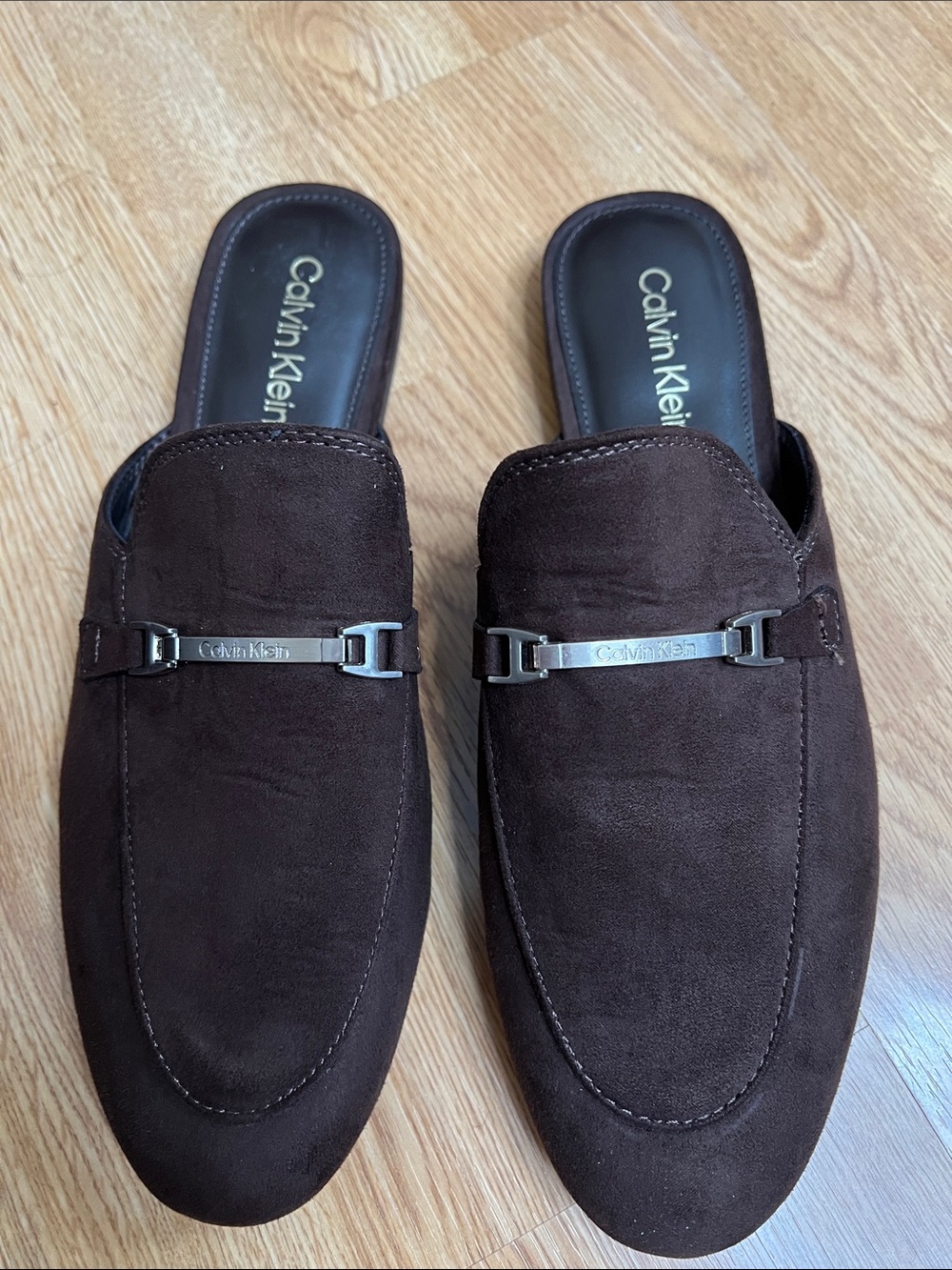 NWOT. Calvin Klein Dark Brown Suede Slip-On Loafers with Metal Bit